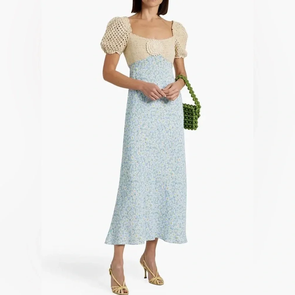 Rixo London Sardinia Crochet Knit Floral Maxi Dress in Cream and Light Blue - Picture 5 of 10